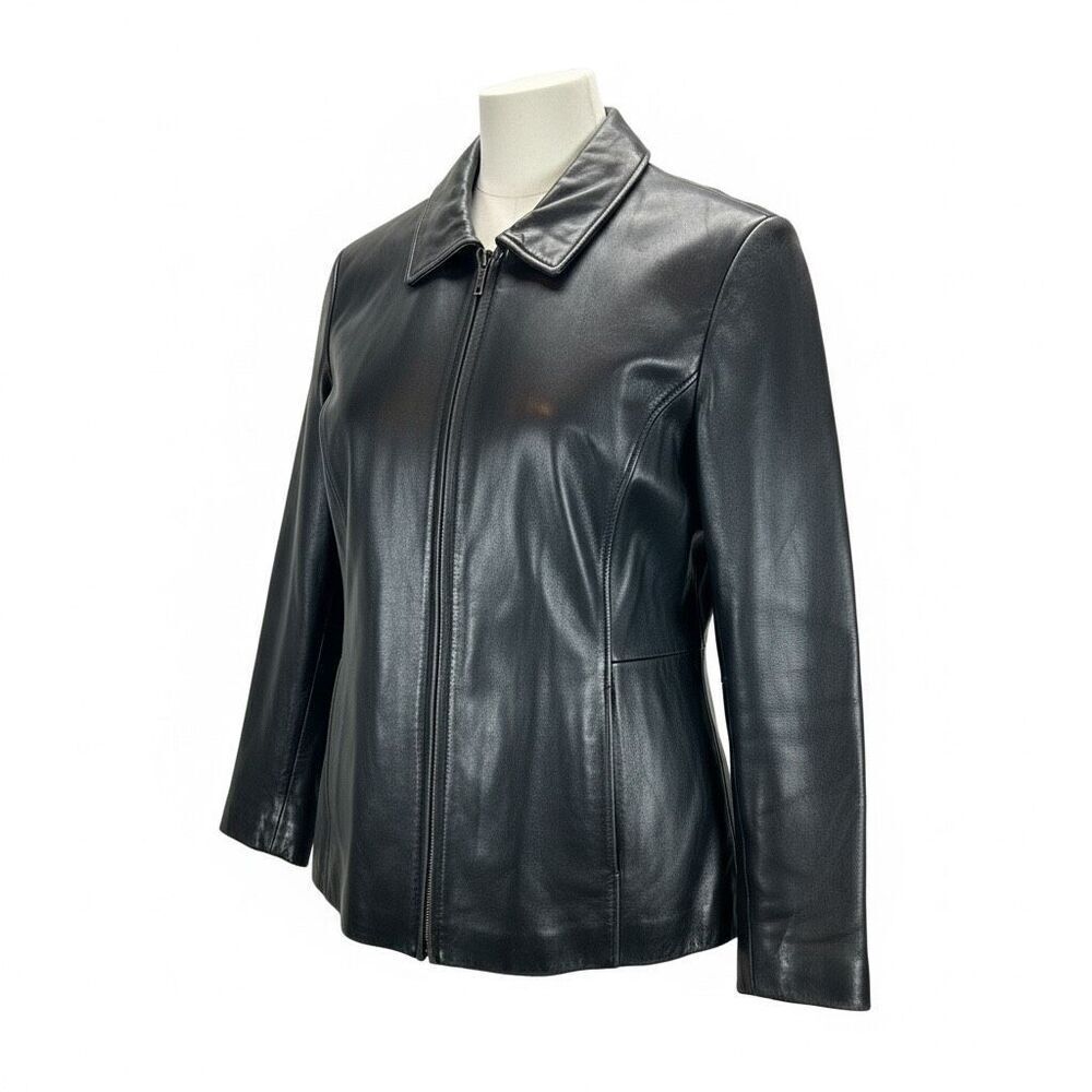 Liz Claiborne Black Leather Jacket XL Zip Up Classic 90s